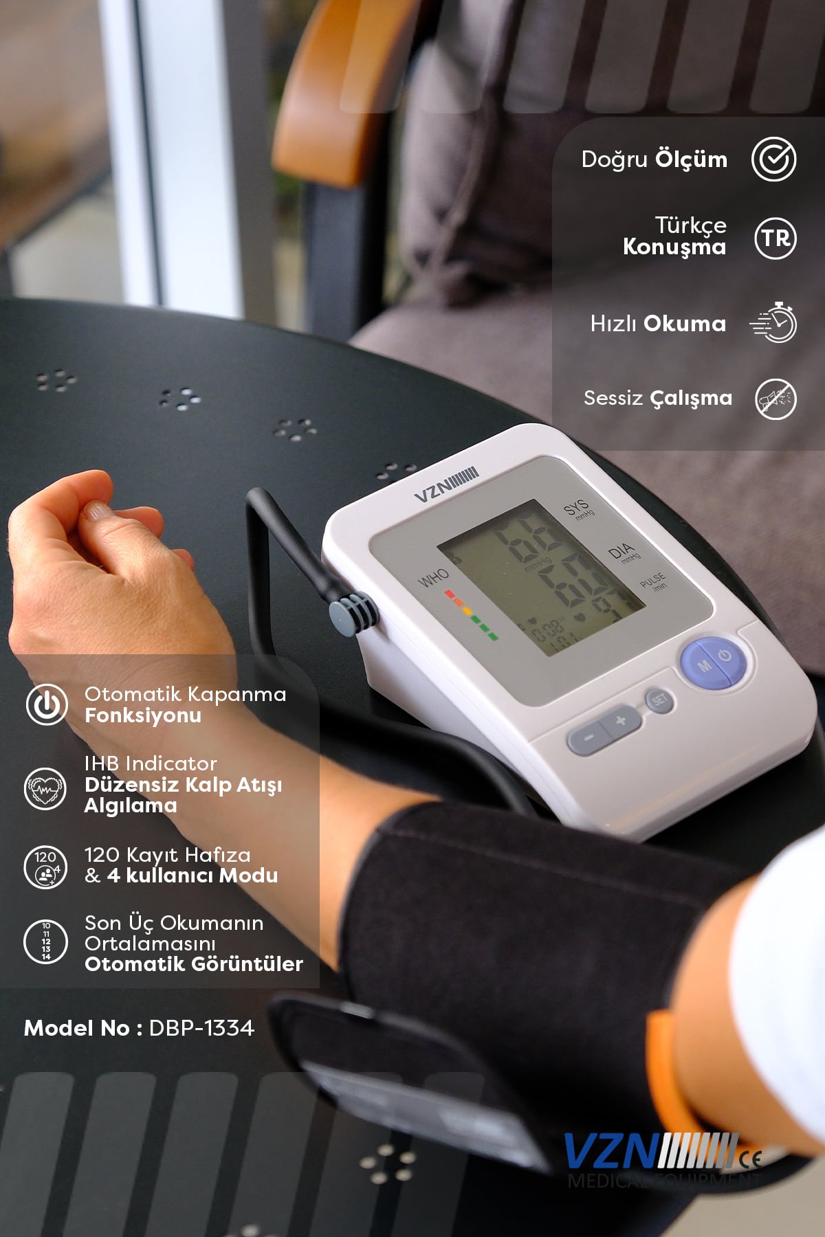 VZN Kol Tipi Türkçe Konuşan Otomatik Dijital Tansiyon Aleti